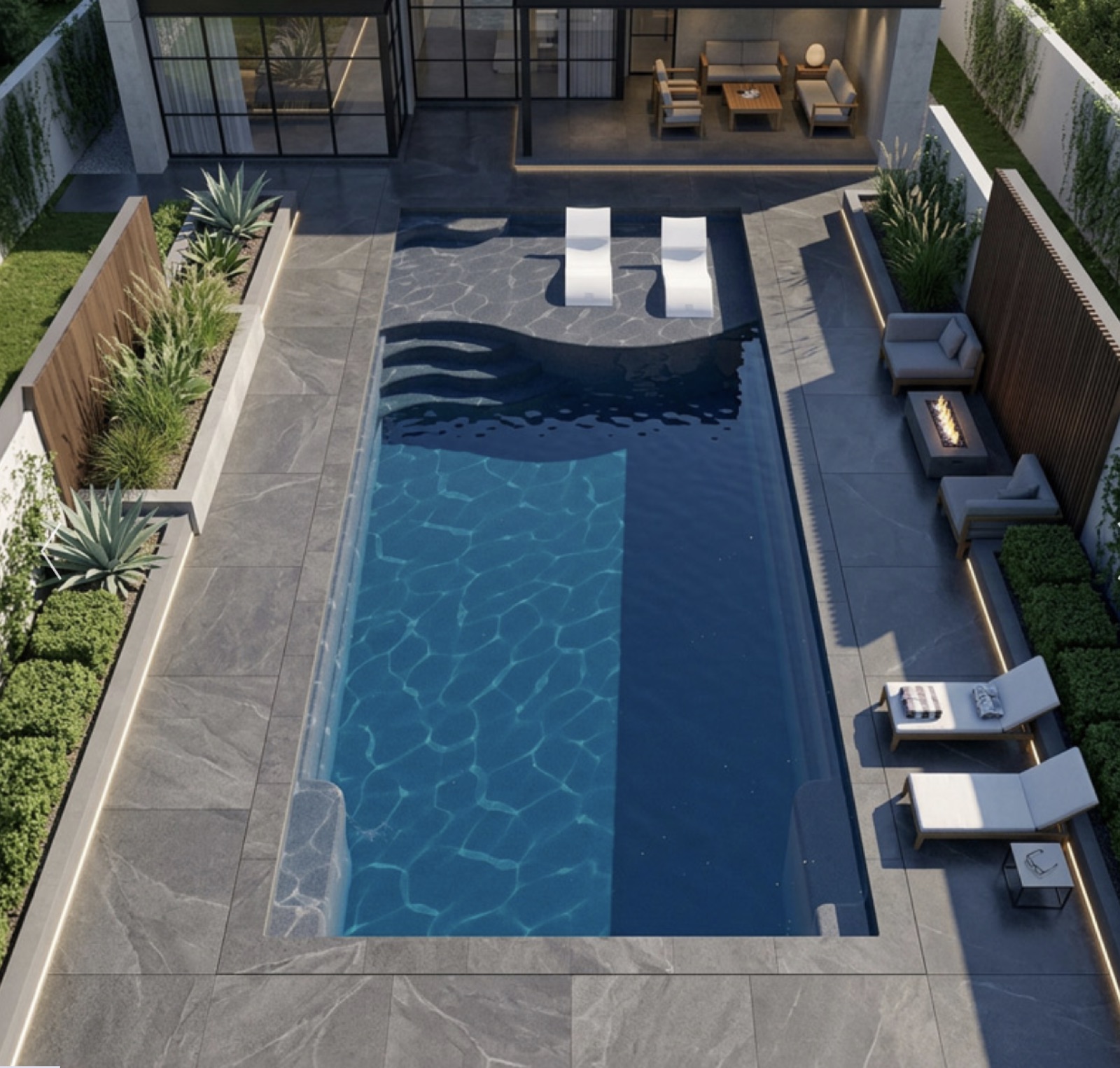 Shelf Indulgent — 16×38 fiberglass pool by True South Pools