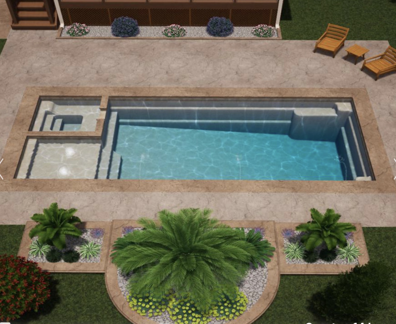 Simmer Down — 14×32 fiberglass pool with spa by True South Pools